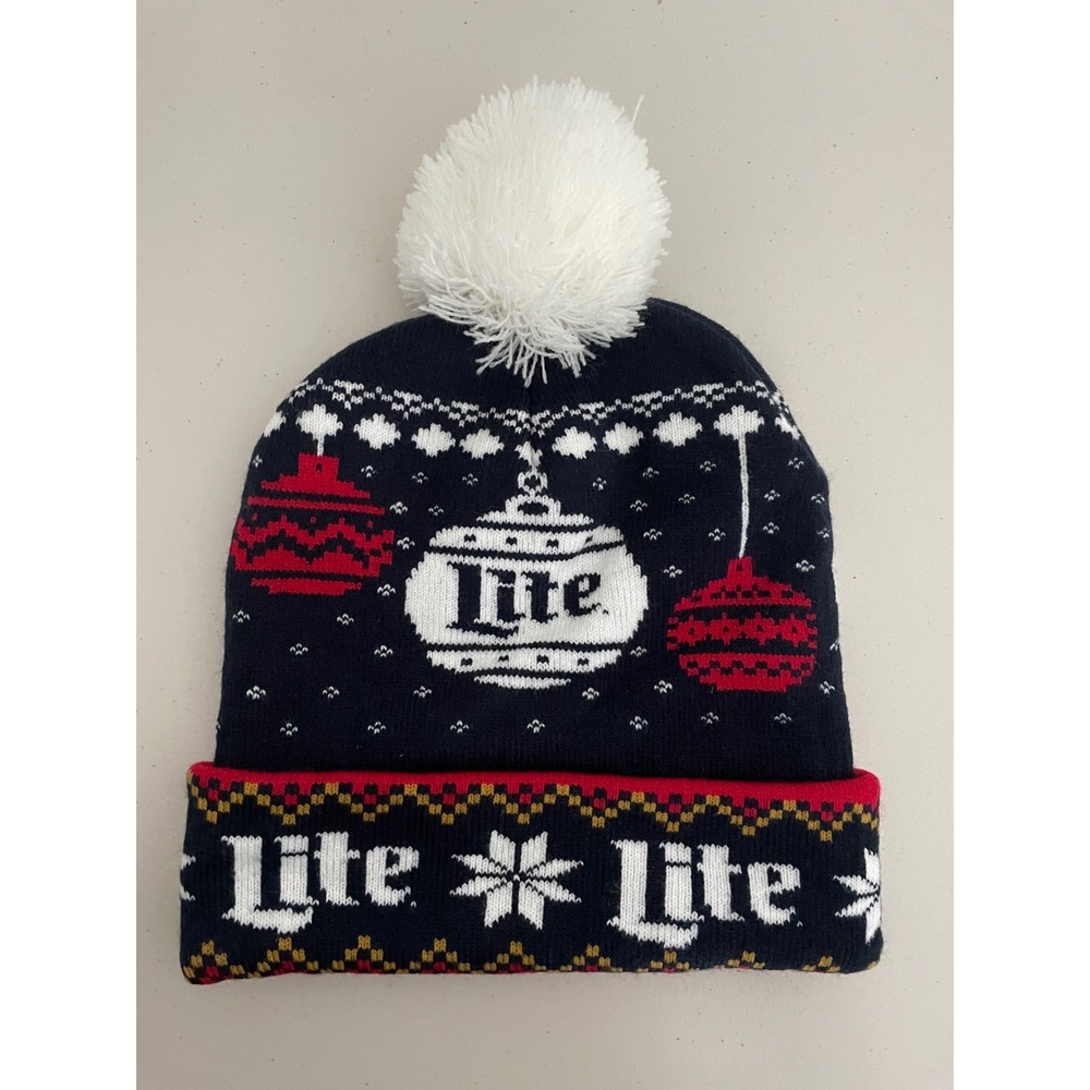 Miller Lite Ugly‎ Christmas Sweater Beanie Hat Pom Pom